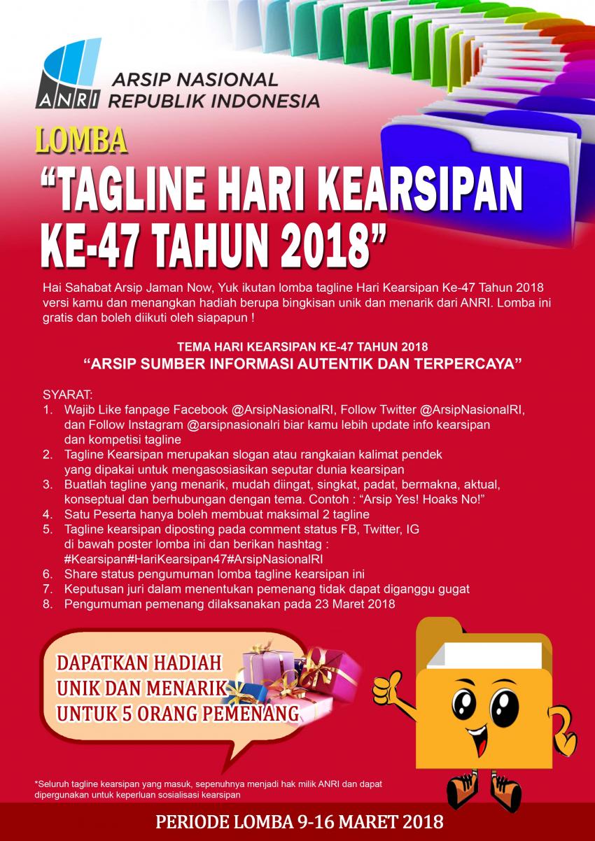 Halo Sahabat Arsip, Yuk ikutan lomba tagline Hari Kearsipan Ke-47 Tahun 2018.