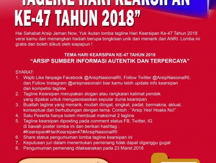 Halo Sahabat Arsip, Yuk ikutan lomba tagline Hari Kearsipan Ke-47 Tahun 2018.
