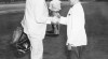 Foto Presiden Organisasi Carneige Endowment for International Peace, Mr. Joseph Ersey Johnson disambut oleh Prof. Supomo setibanya di Lapangan Terbang Kemayoran, Jakarta, 3 Februari 1953.
