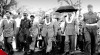 Foto Ketua Presidium Majelis Agung Tertinggi Uni Soviet Klimént Yefrémovich Voroshílov dan Presiden Sukarno di Lapangan Medan Merdeka Barat untuk mengikuti Rapat Raksasa Persahabatan antara Indonesia dan Uni Soviet. 17 Mei 1957.
