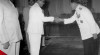 Wakil Presiden Moh. Hatta berjabat tangan dengan Duta Besar Thailand untuk Indonesia Luang Rattanathip pada Upacara Penyerahan Surat-Surat Kepercayaan Duta Besar Thailand untuk Indonesia di Istana Merdeka pada 19 Juni 1956.